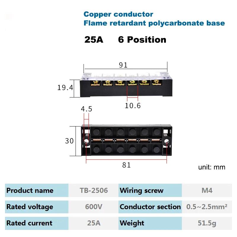 Dual Row Strip Barrier Screw Terminal Block 600V 25A Fixed Wire Connector 3/4/5/6/8/10/12 Positions