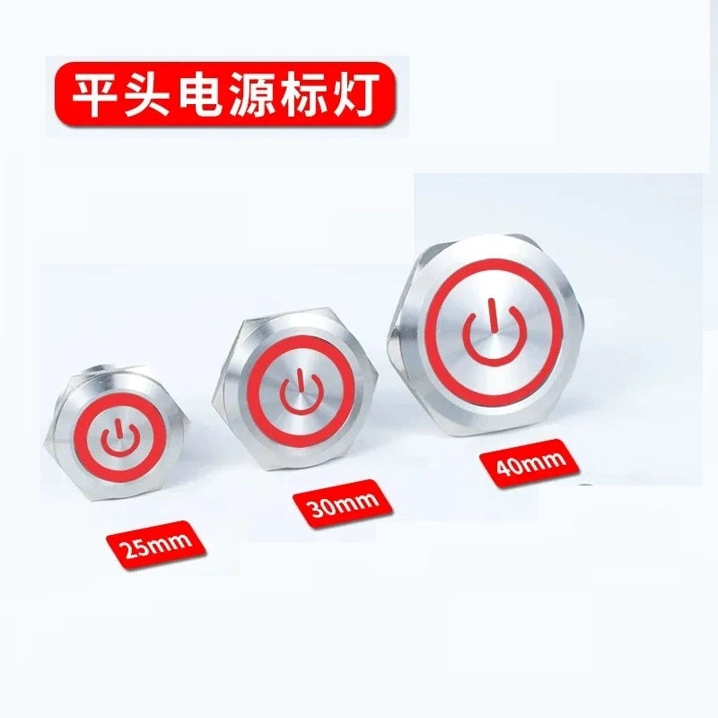 25mm latching switch,30mm momentary button,40mm power symbol button,ip65 waterproof metal switch,nickel?€?plated brass button,large size push button with red power led light