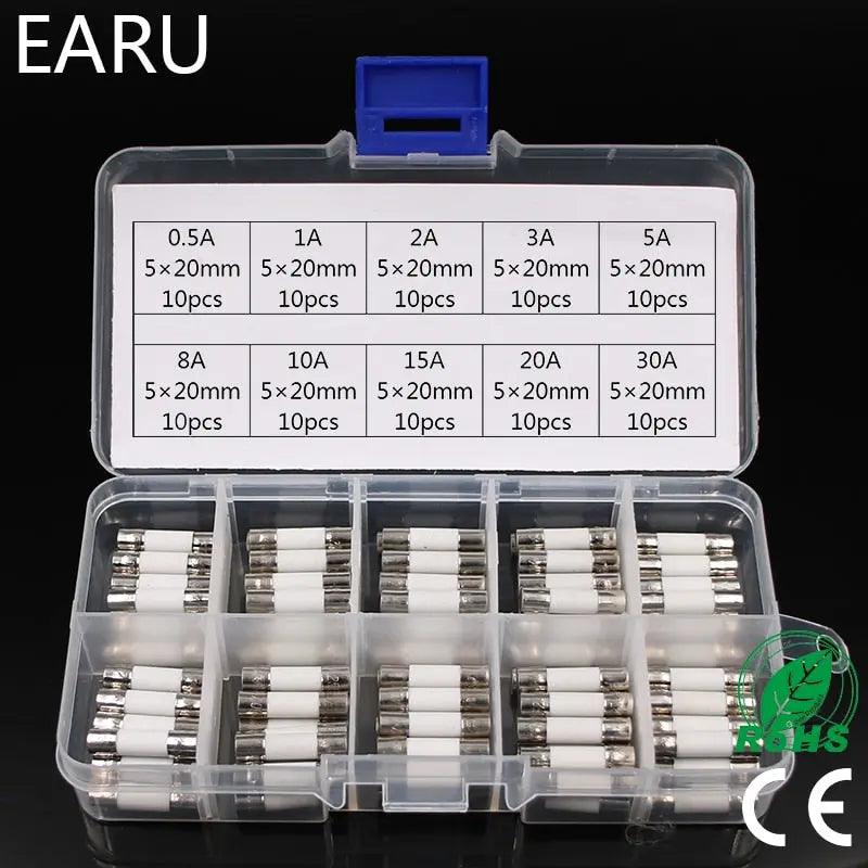 EARU- 100pcs Ceramic Fuse 5mm x 20mm/ 0.5A up to 30A - electrical center b2c