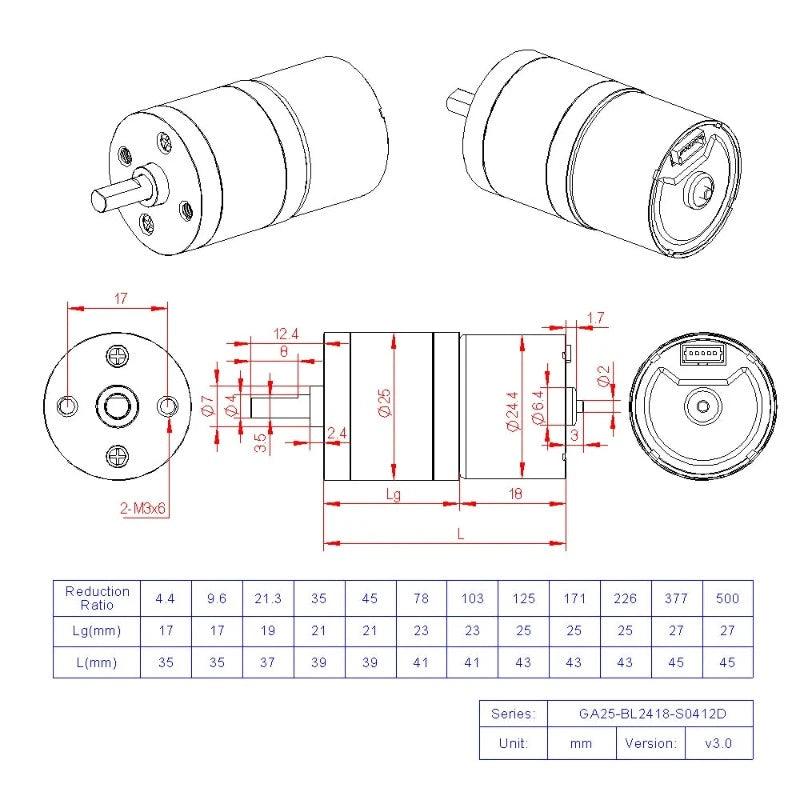 GA25-BL2418 DC Brushless 12V 24V High Torque Low Speed Micro BLDC Motor with Gearbox 15 20 40 50 85 110 180 250 400 900 2000RPM.