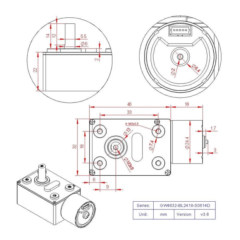 GW4632-BL2418 DC Brushless 12V 24V Turbo Worm Gear High Torque Low Speed Micro BLDC Motor 3 5 9 15 20 27 35 45 60 100 138 240RPM.