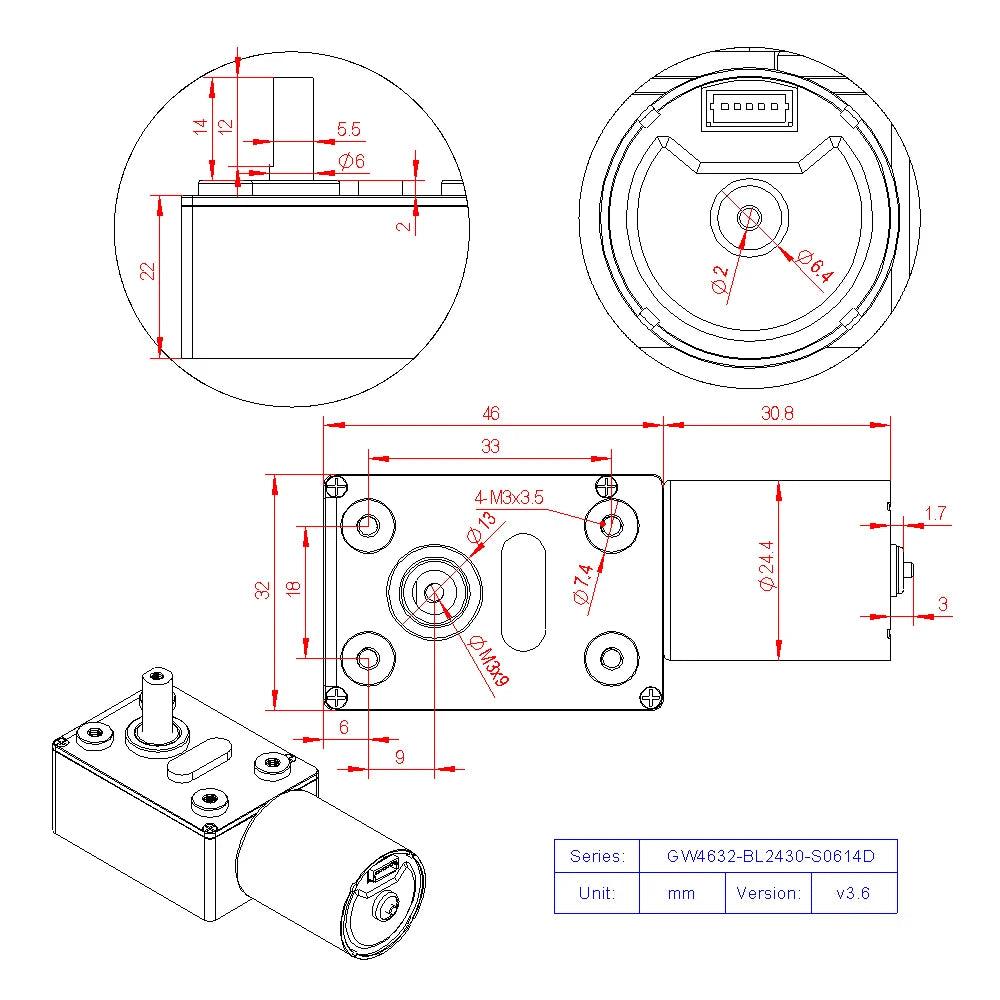 GW4632-BL2430 DC Brushless 12V 24V Turbo Worm Gear High Torque Low Speed Micro BLDC Motor 2 3 6 10 13 18 23 30 40 66 90 150RPM.