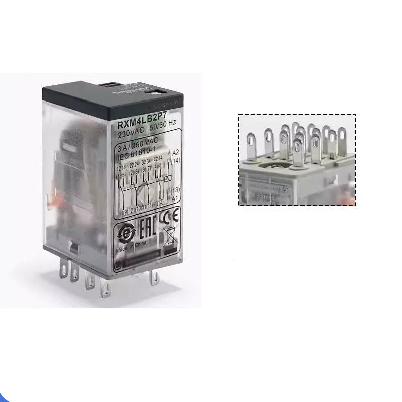 Schneider RXM Relay, Miniature Plug-in Relay, Intermediate Relay, 8 Pin Relay, 14 Pin Relay, 2NO2NC Relay, 4NO4NC Relay, DC12V/24V Relay, AC24V/230V Relay, 5A/12A/3A/6A Relay, RXM2LB2BD, RXM4AB2P7, Relay with LED Indicator, Relay with Test Button, Industrial Automation Relay, PLC Control Relay, Schneider Replacement Relay