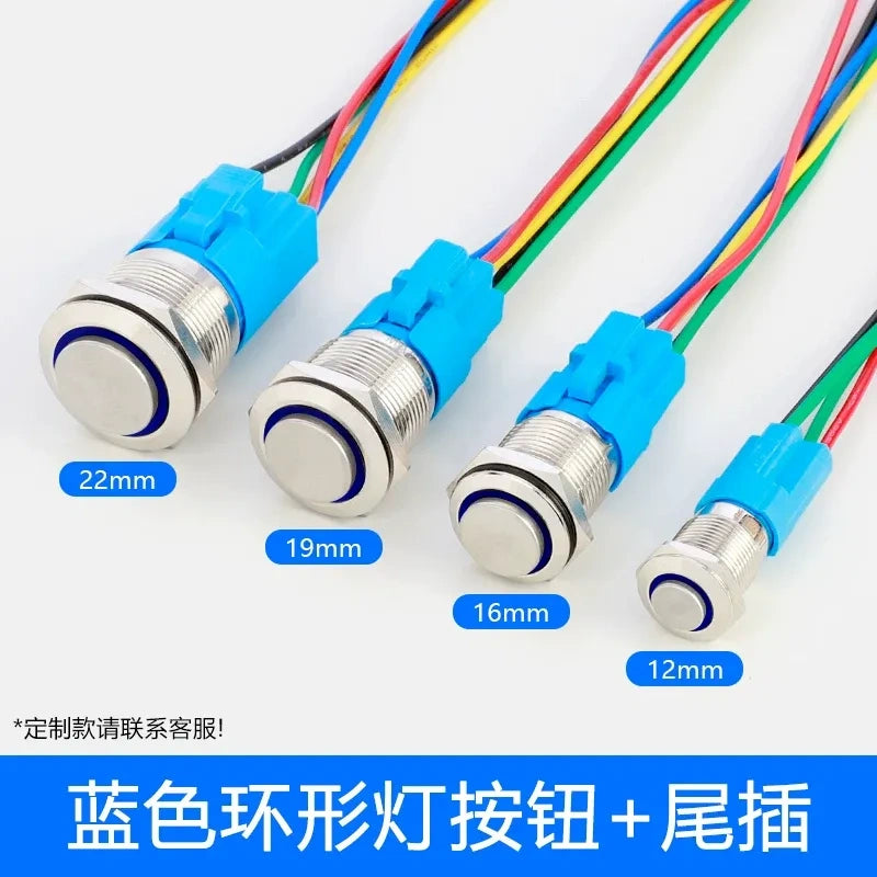 high head button switch blue ring led with wire,metal push button switch,12mm button switch,16mm illuminated button,19mm power button,22mm waterproof switch,