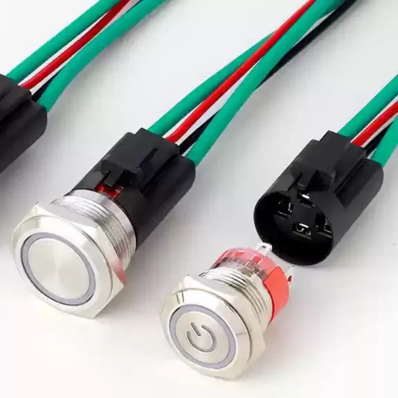 20A metal push button switch, short high-head button switch, IP67 waterproof button, illuminated latching switch, momentary reset button, 16mm metal button, 19mm push button, 22mm high current switch, car modification button, industrial control switch, no solder tail plug button, silver plated pin switch, LED ring light button, 12-24V 220V switch, heavy duty push button