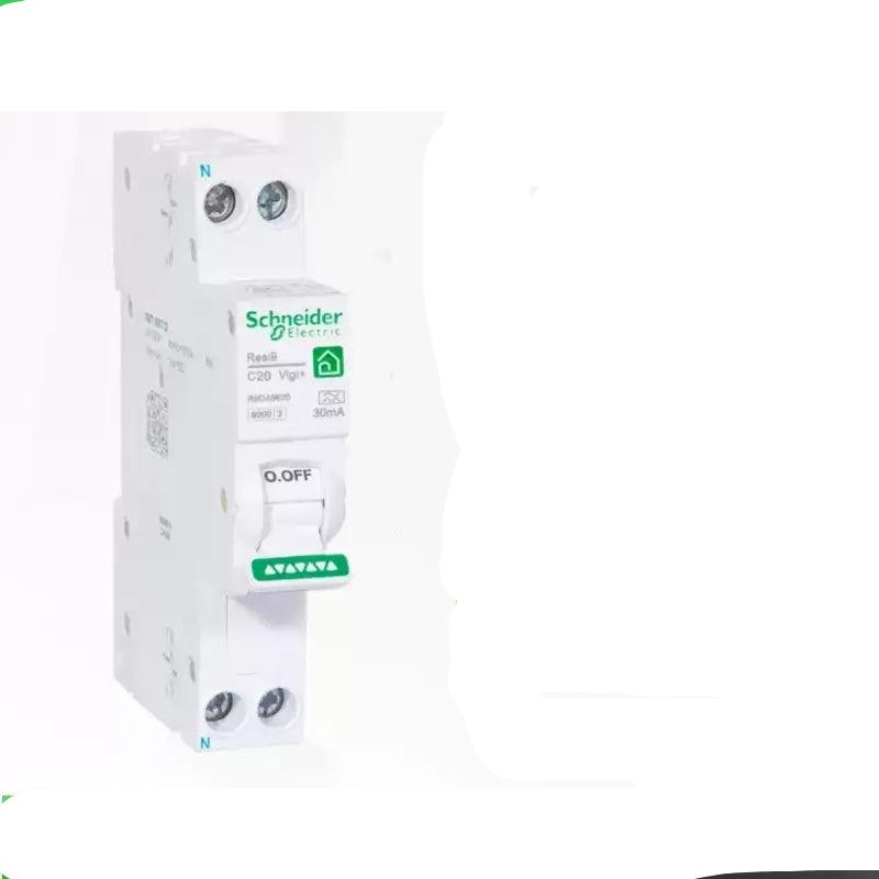 Schneider RCBO, Resi9 iDPNN Vigi+, 1P+N RCBO, 10A RCBO, 16A RCBO, 20A RCBO, 25A RCBO, 32A RCBO, Schneider residual current breaker, Type A 30mA RCBO, 6kA C curve RCBO, DIN rail circuit breaker, leakage protection circuit breaker, overload short circuit protection breaker, Schneider Resi9 series, 18mm compact RCBO