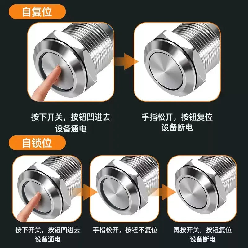 12/16/19/22/25mm Screw Terminal DC6-24V 10A Metal Push Button Switch Momentary/Latching type