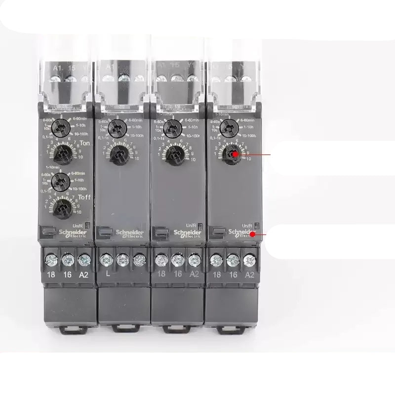 Schneider RE17 Time Relay, RE17LAMW, RE17RAMU, RE17RCMU, RE17RLMU, On-Delay Relay, Off-Delay Relay, Asymmetric Flashing Relay, 24-240V AC/DC Timer, Compact DIN Rail Timer, Industrial Time Delay Relay, Schneider Harmony Timer, Adjustable Time Relay