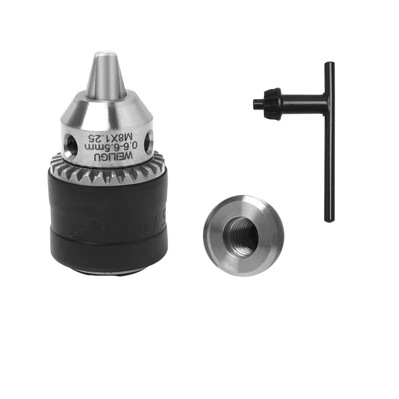 key locking design drill chuck, key type steel drill chuck Clamping Capacity 0.6-6.5mm, all metal heavy duty chuck Mount Type with screw M8*1.25