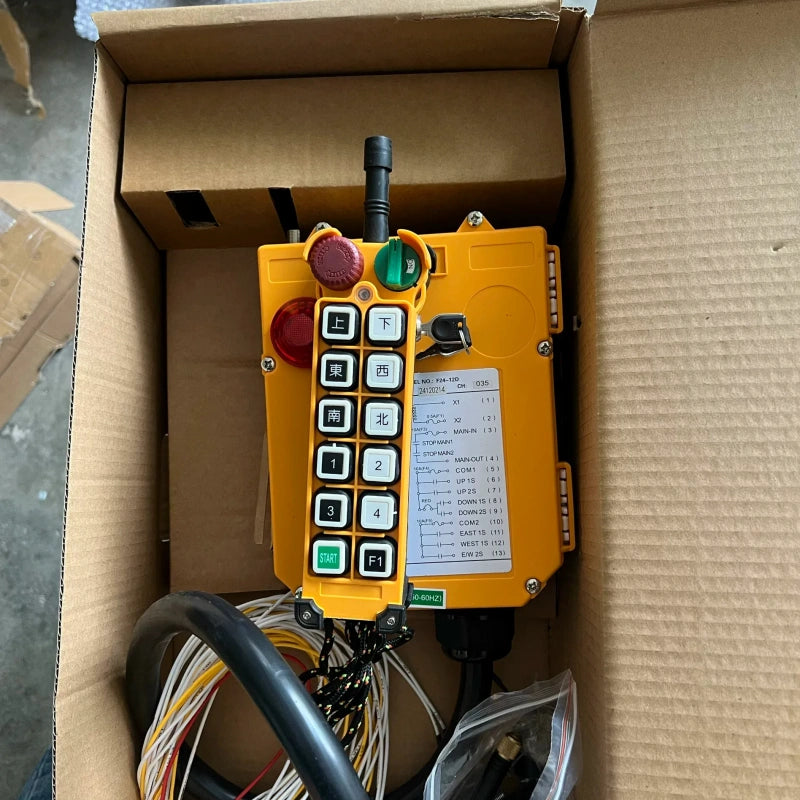 F24-12D remote control, F24-12S crane remote, one touch dual speed industrial remote, VFD hoist radio controller, overhead gantry crane remote, industrial wireless remote with emergency stop, key lock safety remote, IP65 lifting remote, multi-channel crane remote, variable frequency crane transmitter receiver, 24V 36V 220V 380V remote, heavy duty hoist remote, factory lifting radio control, Telecrane F24 series remote