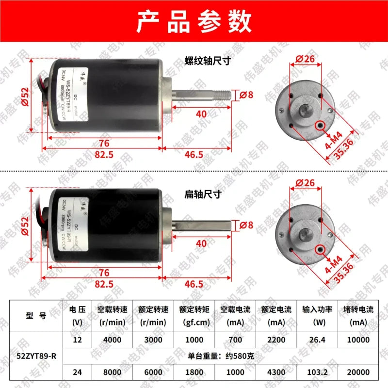 52ZY DC motor,WS‑52ZYT89‑R motor,threaded shaft dc motor,12V 24V dc motor,high speed reversible motor,speed adjustable motor,magnetic encoder motor,IP44 dc motor,quiet ball bearing motor,belt sander motor,grinder motor,polishing machine motor,mini industrial motor,20W dc motor
