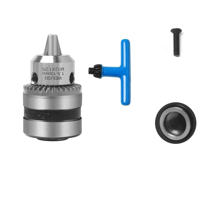 key locking design drill chuck, key type steel drill chuck Clamping Capacity 1.5-10mm, all metal heavy duty chuck Mount Type with screw M12*1.25