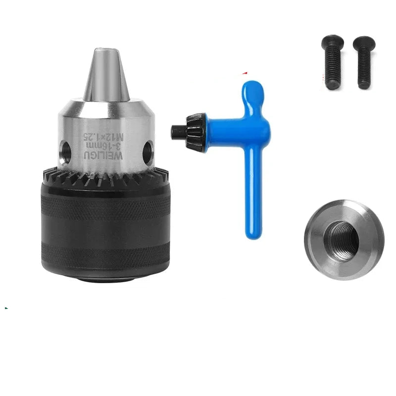 key locking design drill chuck, key type steel drill chuck Clamping Capacity 3-16mm, all metal heavy duty chuck Mount Type with screw M12*1.25
