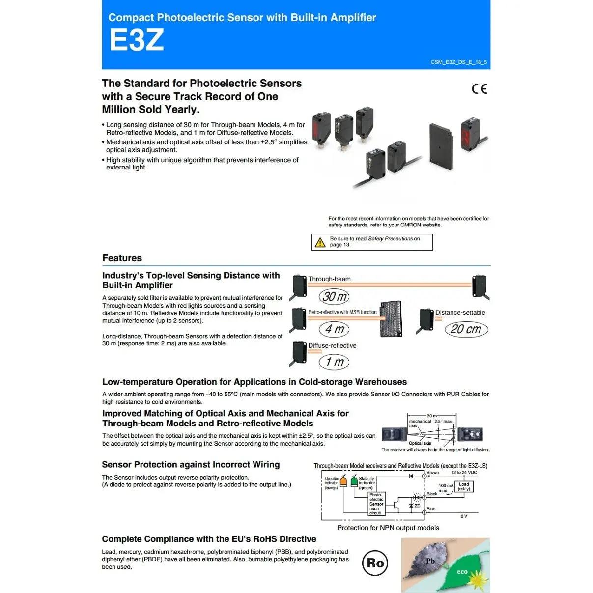 Omron- Photoelectric Sensor Retro-reflective with MSR function E3Z-R61 E3Z-R81 optional - electrical center b2c