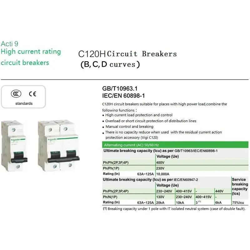 Schneider-  High power 10kA  Circuit Breaker C120H | 1P  63A up to 125A - electrical center b2c