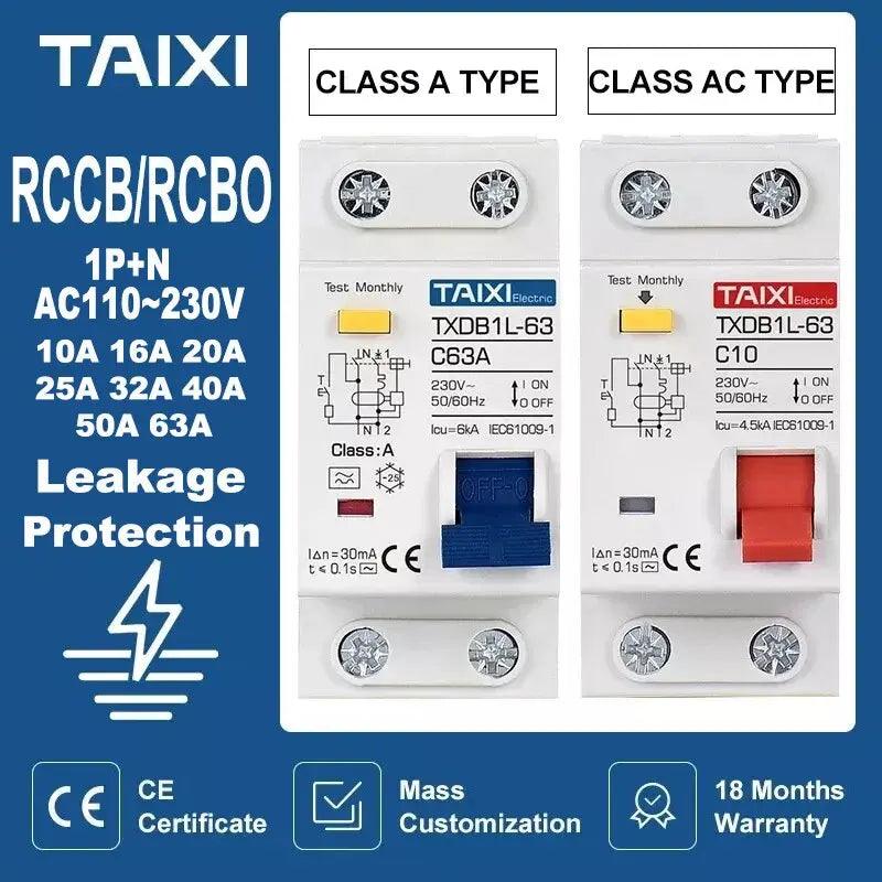 TAIXI-  Type A / AC RCBO DPNL Breaker 1P+N | 16A 20A 32A 40A 50A 63A - electrical center b2c