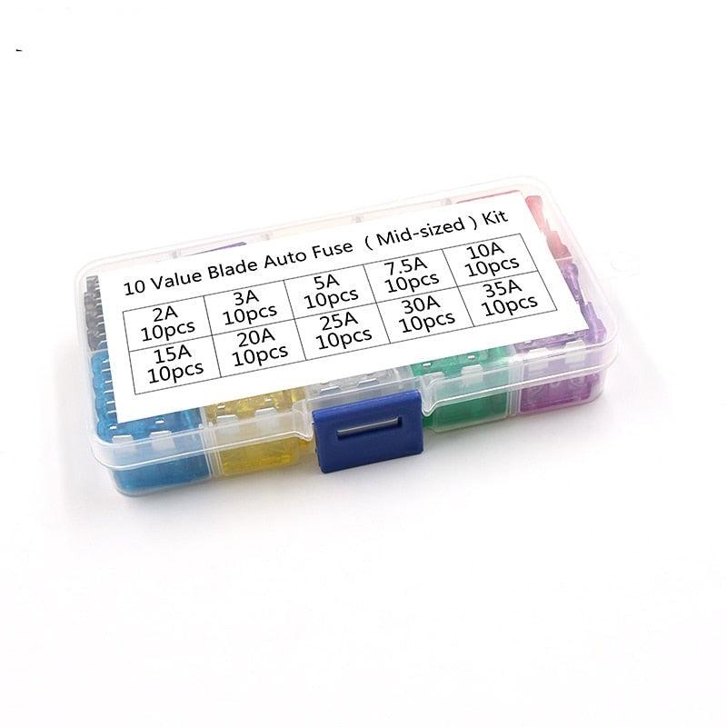 100pcs/lot Standard Motorcycle Auto Car Fuse Medium Automotive Boat Blade Fuses 2A 3A 5A 7.5A 10A 15A 20A 25A 30A 35A with Box.