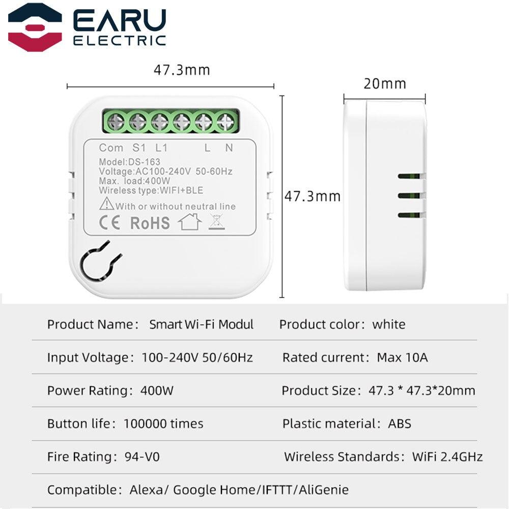 10A WiFi Smart LED Light Switch Relay Breaker Module No Neutral Wire Required  Smart Life Tuya Remote Control Alexa Google Home.