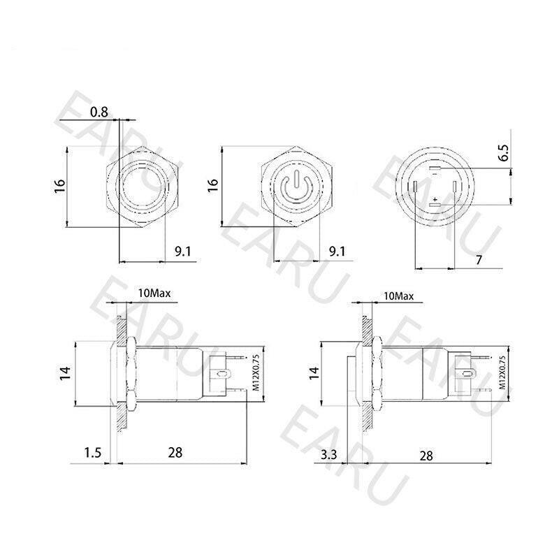 12mm Instantaneous Latching Flat Metal Switch Waterproof.