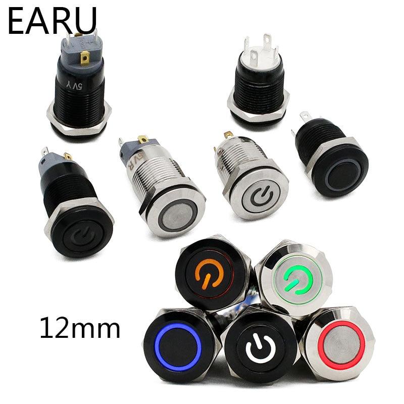 power switch 12mm,12mm Waterproof Metal Push Button Switch LED Light Black for Power