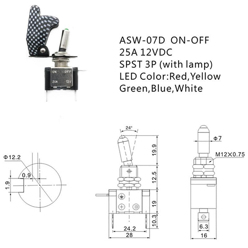 12V 20A  Auto Car Boat Truck Illuminated Led Toggle Switch With Carbon Fiber Safety Aircraft Flip Up Cover Guard Red Blue Green.