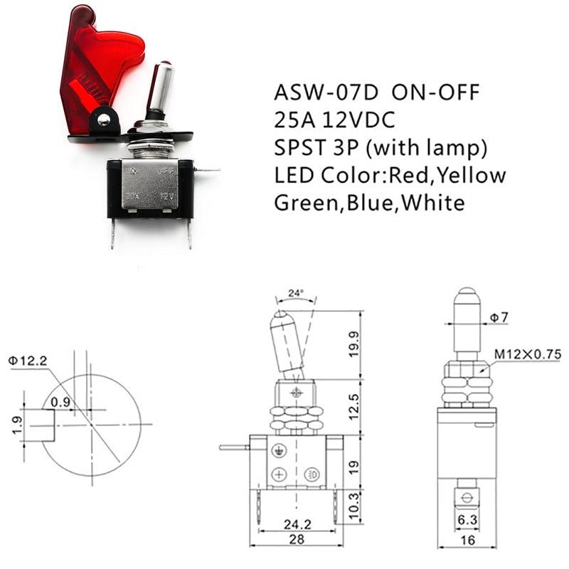 12V 20A  Auto Car Boat Truck Illuminated Led Toggle Switch With Transparent Safety Aircraft Flip Up Cover Guard Red Blue Green.