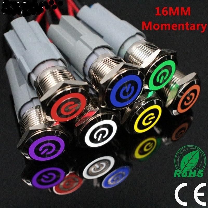 16mm Press Metal Push Button Switch Waterproof Momentary Reset LED Light Illuminated Car Engine PC Power 3V 5V 6V 12V 24V 220V.