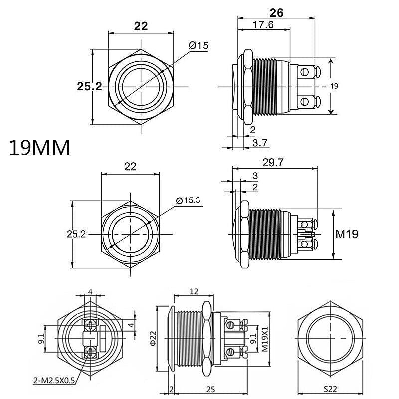 1pc 19mm Screw Terminal Electronic Waterproof Metal Push Button Switch Momentary.