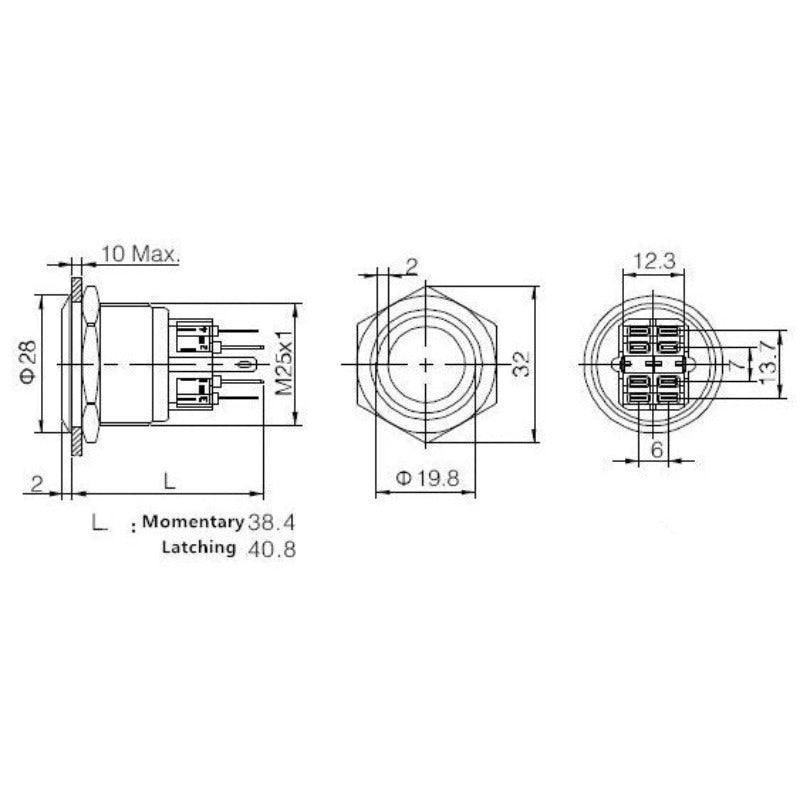 1pc 25mm Metal Stainless Steel Waterproof Latching Push Button.