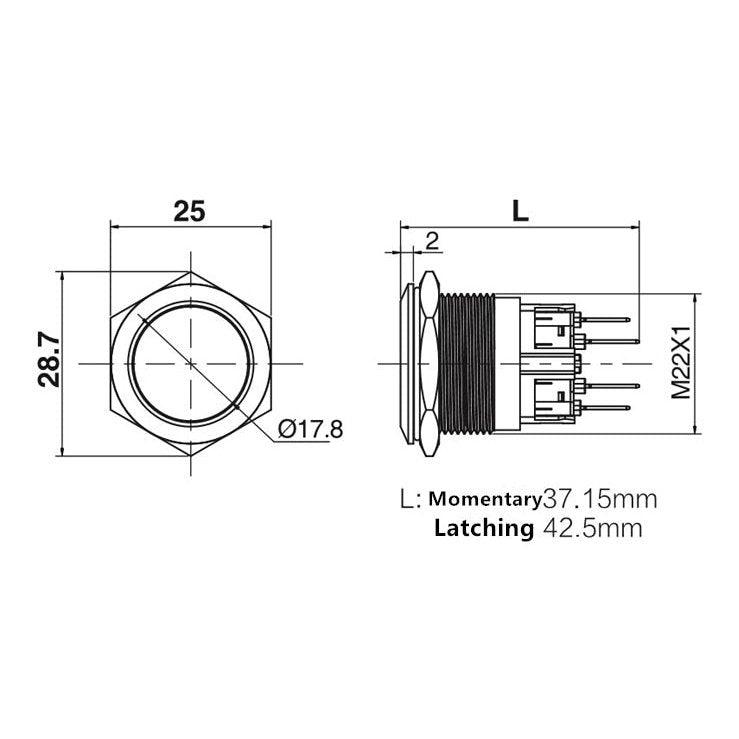 22mm Alumina Black Body Press Latching Metal Push Button Switch LED Light.