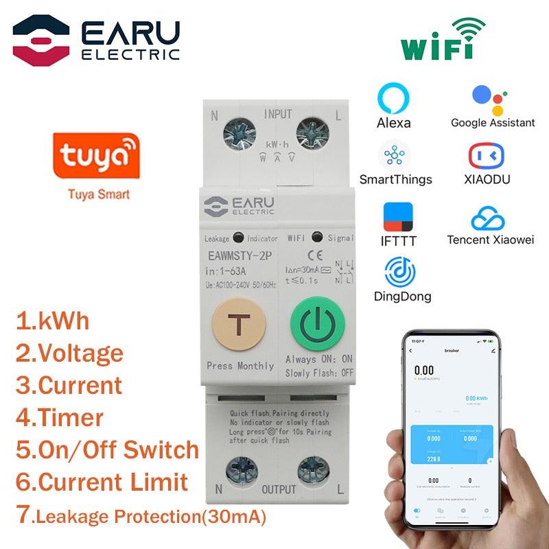 2P Tuya WiFi Smart Circuit Breaker Energy Power kWh Meter Time Timer Switch Relay Voltmeter Current Leakage Protection RCCB RCBO.