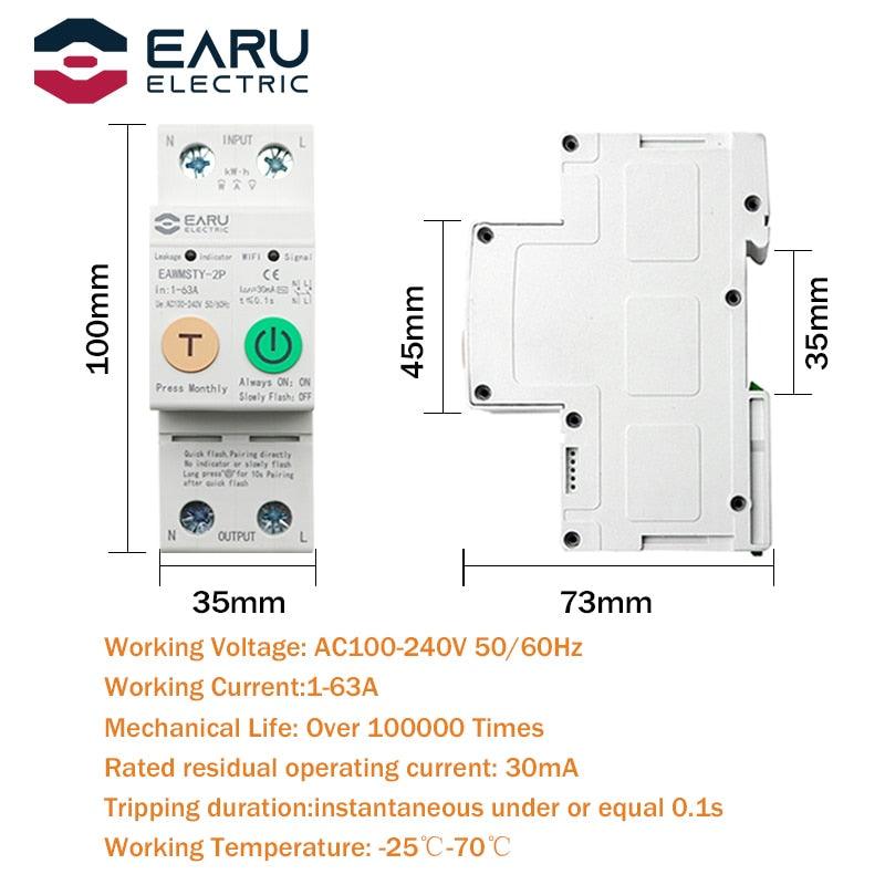 2P Tuya WiFi Smart Circuit Breaker Energy Power kWh Meter Time Timer Switch Relay Voltmeter Current Leakage Protection RCCB RCBO.