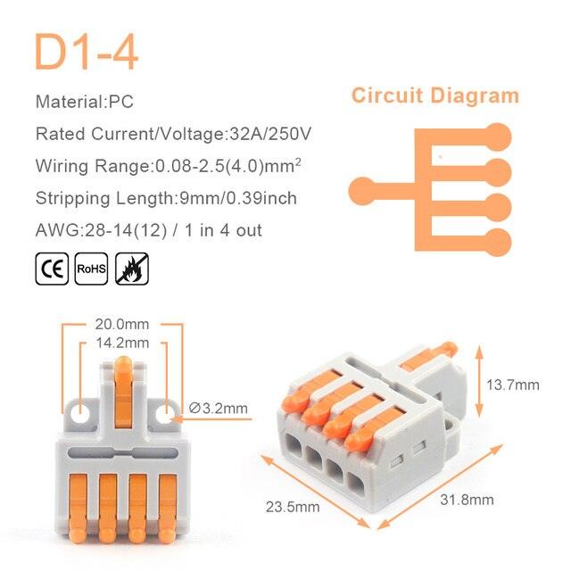 5PCS 1 in Multiple Out Quick Wiring Connector Universal Splitter Wiring Cable Push-in Can Combined Butt Home Terminal Block D 22.