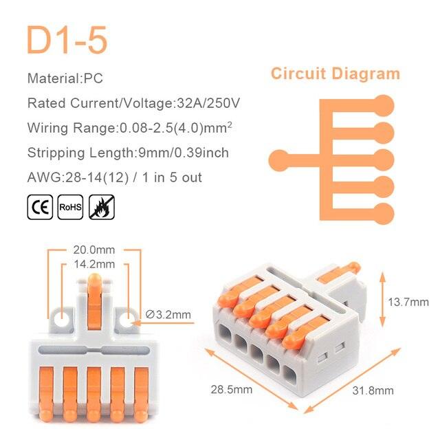 5PCS 1 in Multiple Out Quick Wiring Connector Universal Splitter Wiring Cable Push-in Can Combined Butt Home Terminal Block D 22.