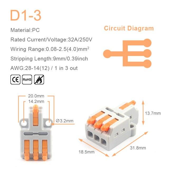 5PCS 1 in Multiple Out Quick Wiring Connector Universal Splitter Wiring Cable Push-in Can Combined Butt Home Terminal Block D 22.