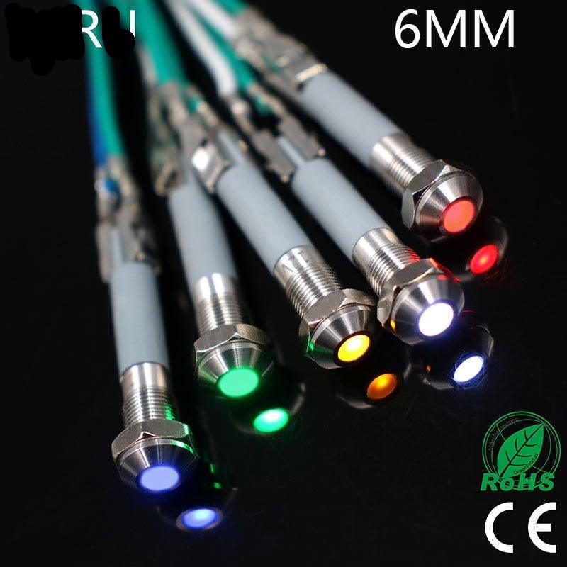 6mm LED Metal Indicator Light Waterproof IP67 Signal Lamp 3V 5V 6V 9V 12V 24V 110V 220v Red Yellow Blue Green White Pilot Seal.