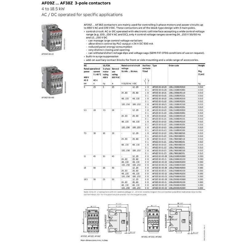 ABB- 3P Contactors AF series | AF12Z-30-10(1NO)  AF12Z-30-01(1NC) Optional.