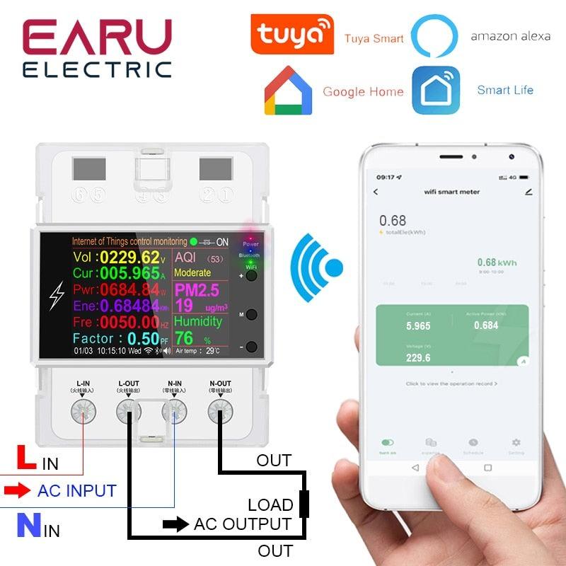 AT4PW 100A Tuya WIFI Din Rail Smart Switch Remote Control AC 220V 110V Digital Power Energy Volt Amp Kwh Frequency Factor Meter.