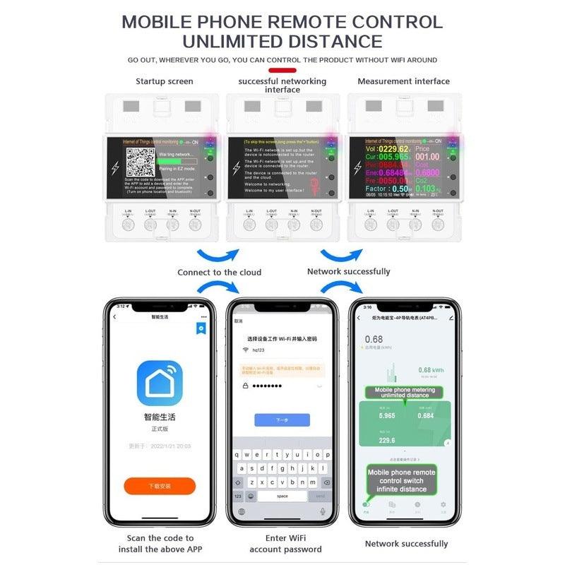 AT4PW 100A Tuya WIFI Din Rail Smart Switch Remote Control AC 220V 110V Digital Power Energy Volt Amp Kwh Frequency Factor Meter.