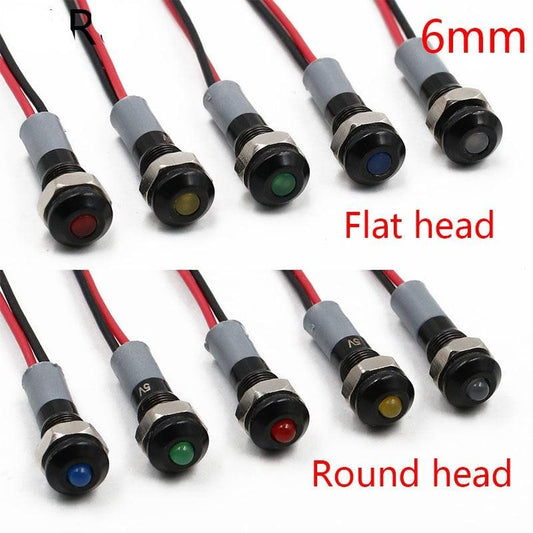 Black Body 6mm Waterproof IP67 Metal LED Warning Indicator Light Signal Lamp Pilot Wire Roud Flat 5V 12V 24V 110V 220V Red Blue.