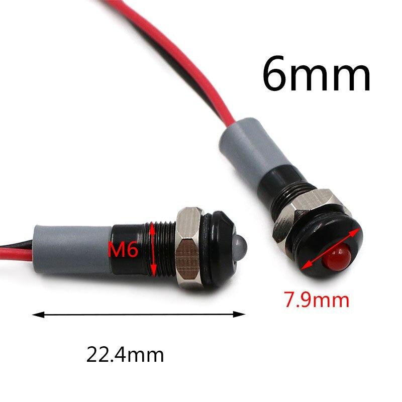 Black Body 6mm Waterproof IP67 Metal LED Warning Indicator Light Signal Lamp Pilot Wire Roud Flat 5V 12V 24V 110V 220V Red Blue.