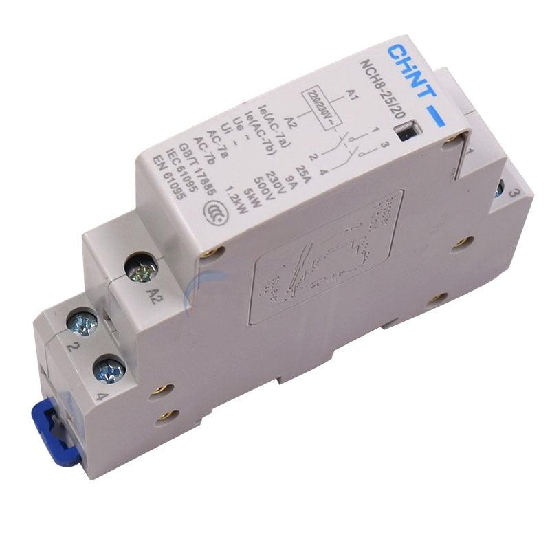 CHNT Slim Din Rail Mounted Modular Household AC Contactor 220VAC 25A NCH8-25/20 2NO, NCH8-25/11 1NO+1NC, NCH8-25/02 2NC.