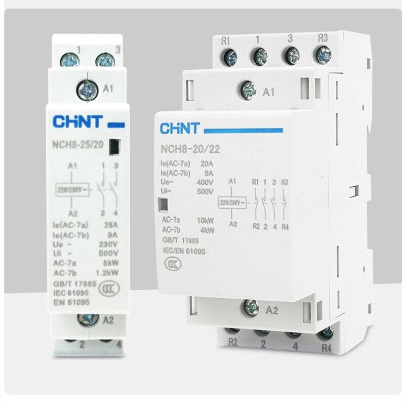 CHNT Slim Din Rail Mounted Modular Household AC Contactor 220VAC 25A NCH8-25/20 2NO, NCH8-25/11 1NO+1NC, NCH8-25/02 2NC.