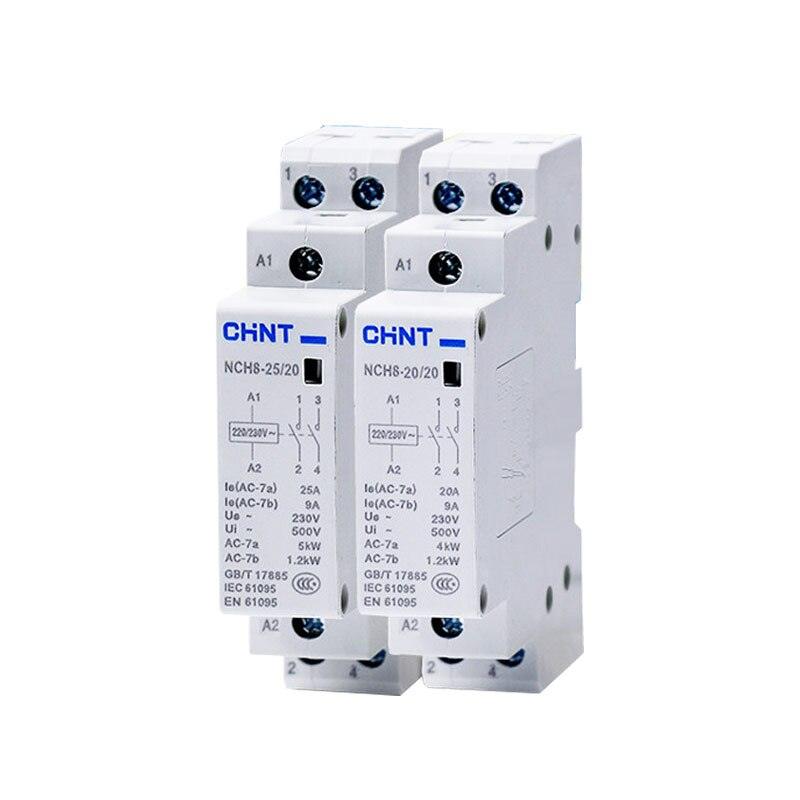 CHNT Slim Din Rail Mounted Modular Household AC Contactor 220VAC 25A NCH8-25/20 2NO, NCH8-25/11 1NO+1NC, NCH8-25/02 2NC.