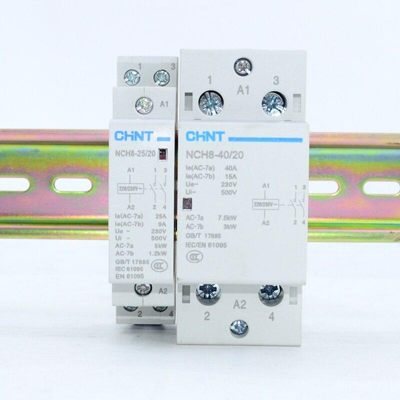 CHNT Slim Din Rail Mounted Modular Household AC Contactor 220VAC 25A NCH8-25/20 2NO, NCH8-25/11 1NO+1NC, NCH8-25/02 2NC.