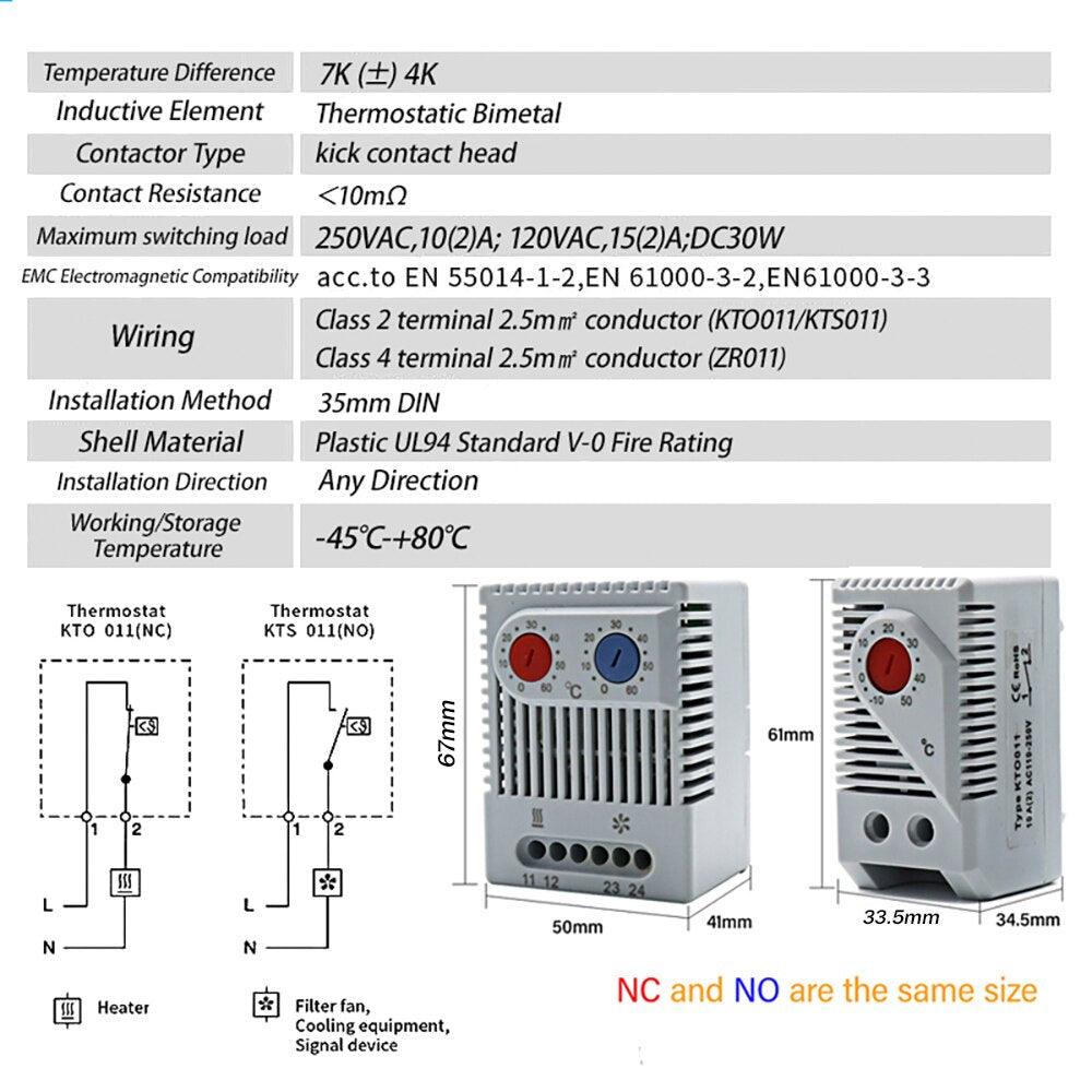 DIN Rail Cabinet Temperature Controller Industrial Thermostat KTO011 KTS011 0 to 60 Degree Centigrade Mechanical Thermoregulator.