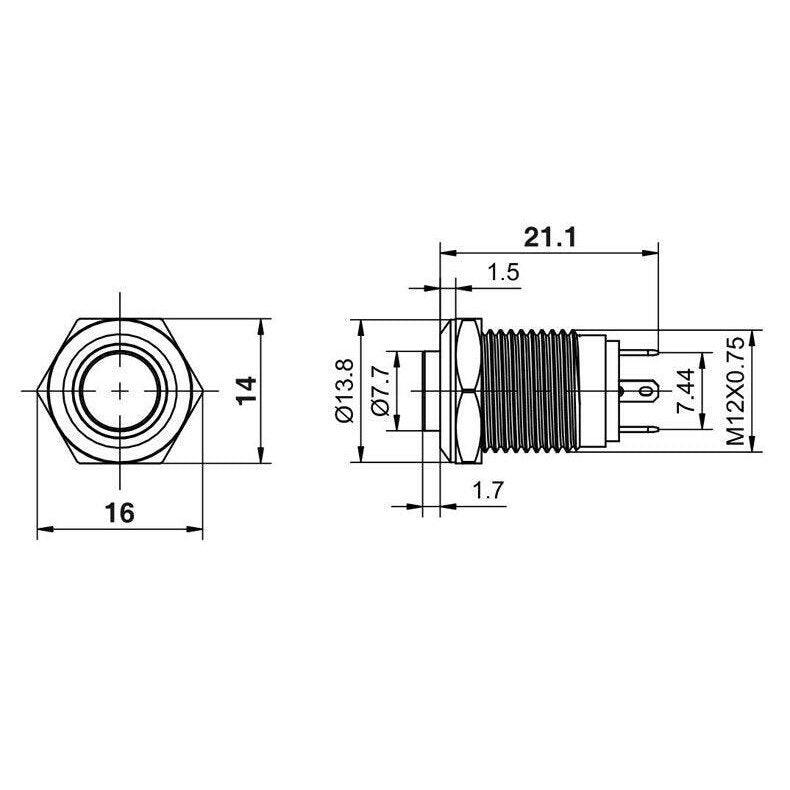 EARU- 12mm  High Round Waterproof Momentary Metal Push Button.