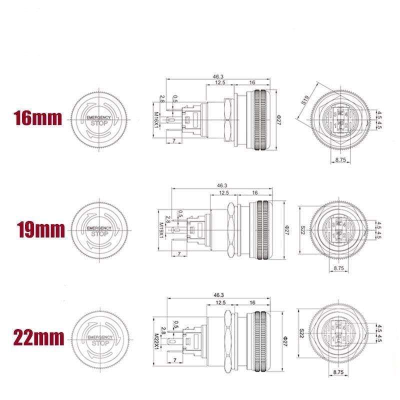 EARU- 16/19/22MM Mushroom Metal Emergency Stop Push Button Switch With LED.