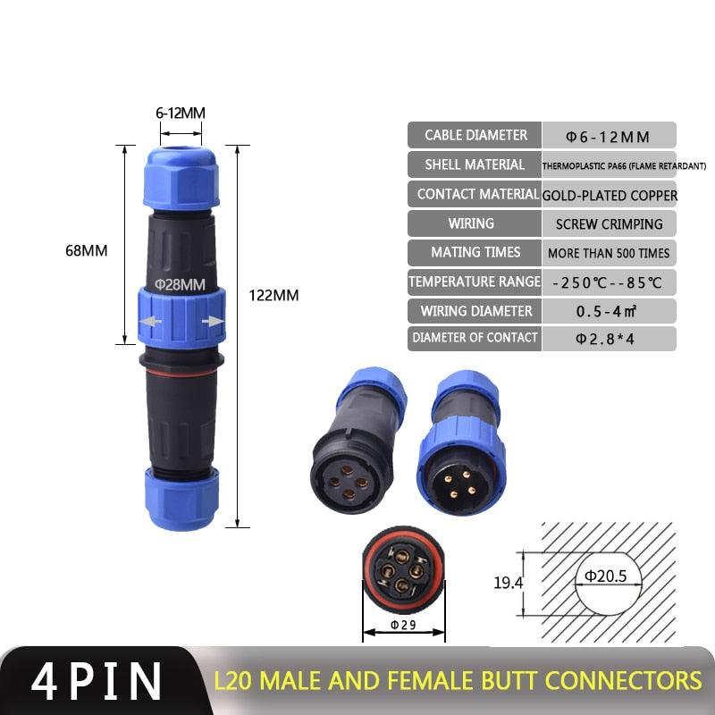 IP68 Waterproof Connector Male Plug &amp; Female Socket 2/3/4 Pin Optional.