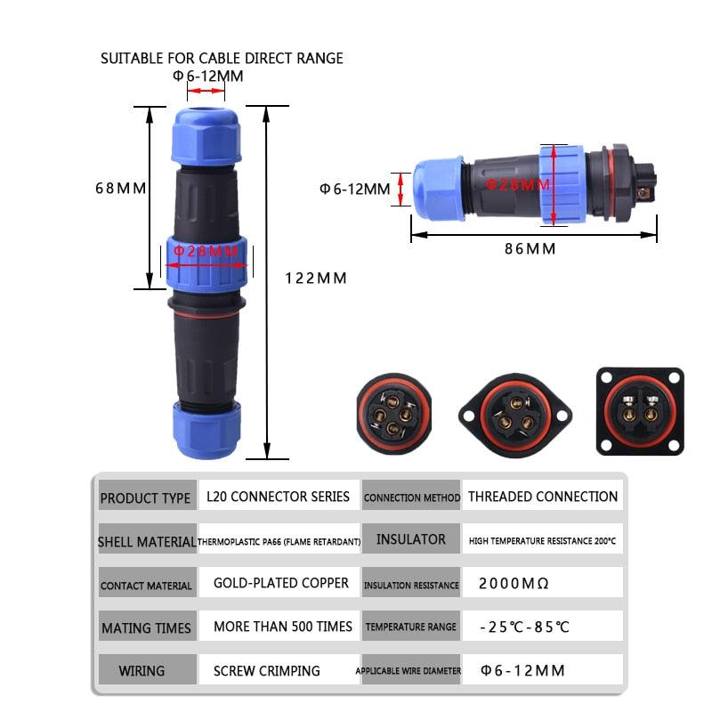 IP68 Waterproof Connector Male Plug &amp; Female Socket 2/3/4 Pin Optional.